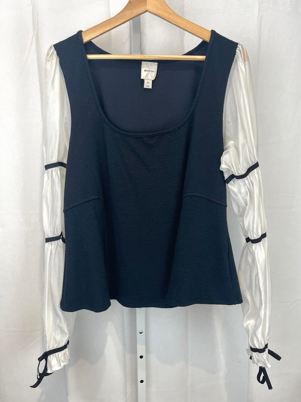 MAEVE Anthropologie Balloon Sleeve Top Square Neck Long Sleeve Black White XL